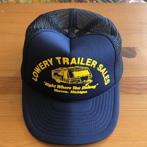Vintage Lowery Trailer Sales Navy Trucker Hat with Yellow Logo